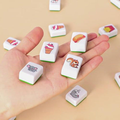 GRACIAS 2 Players Mahjong Block Set, Mahjong Tile Game with 50 Premium Green Tiles(30mm) Animal and Food Pattern, Portable Mahjongg Set with A Carry Bag - color: Green