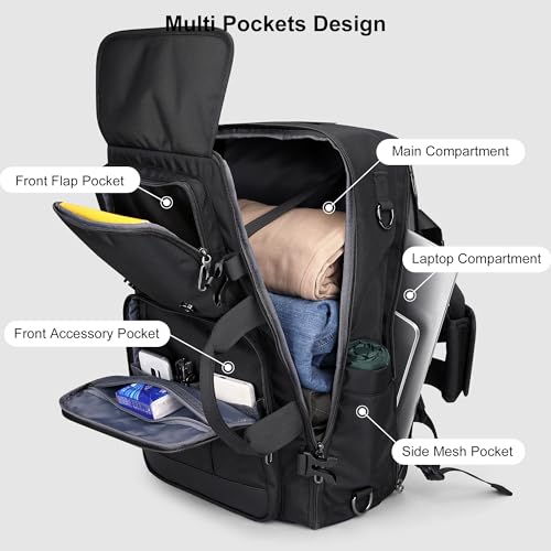 PIJUSHI 3-In-1 Travel Backpack for Women with 16" Padded Laptop Compartment | Convertible Carry On Luggage/Duffel/Shoulder with 180° Open, USB Port, Dry/Wet Pocket for Airport, Daily, PE049 Black