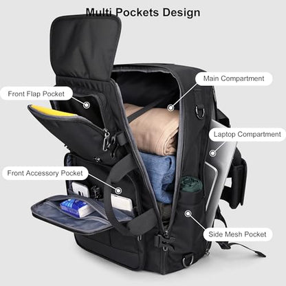 PIJUSHI 3-In-1 Travel Backpack for Women with 16" Padded Laptop Compartment | Convertible Carry On Luggage/Duffel/Shoulder with 180° Open, USB Port, Dry/Wet Pocket for Airport, Daily, PE049 Black