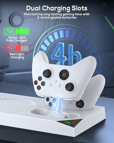 MENEEA Cooling Fan &Charging Stand for Xbox Series X Console and Controller | Vertical Cooler System Dual Charger Station Dock Accessories Kit with 2 x 1400mAh Rechargeable Battery (White) - color: White