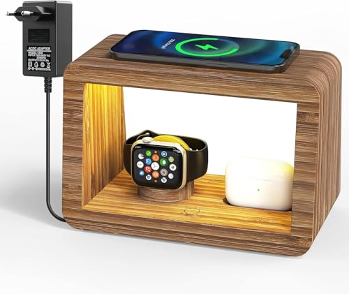Bamboo Charging Station for Multiple Devices,15W Fast Wireless Charging Station with Nightlight, 3 Color & 4 Adjustable Brightness Compatible with Phone/Watch/AirPods - color: Wireless Charging Station & Nightlight