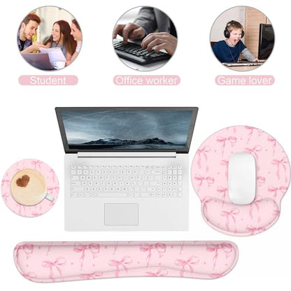 Ergonomic Mouse Pad with Wrist Rest and Keyboard Wrist Rest, Mousepad and Wrist Rest for Computer Keyboard, Non-Slip Rubber Base, Mouse Pad Wrist Support for Gaming, Pink Bow - color: Pink Bow