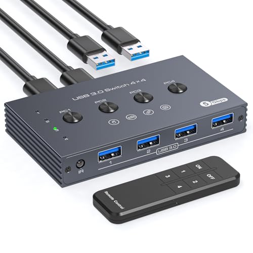 USB 3.0 Switch Selector 4 Computers Share 4 Port USB A Devices for Mouse Keyboard Printer Scanne with Wireless Remote Control and Cable Included - color: Light Grey