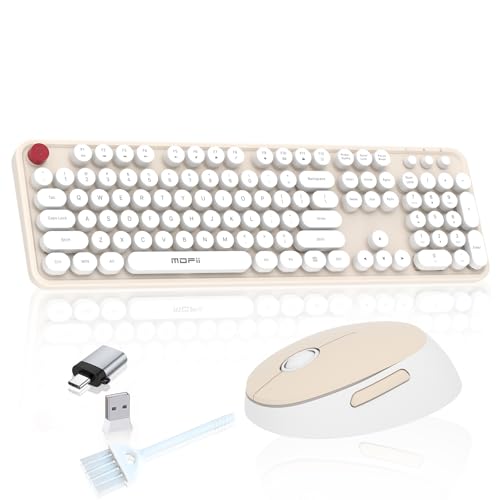 Cream Wireless Keyboard Mouse, COOFUN 104 Keys Full Size White Keyboard Ergonomic Cordless Keyboards Cute Colorful Retro Typewriter Key Board for Windows, PC, Laptop, Desktop (Creamy) - color: Creamy