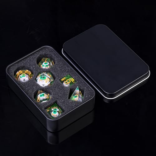 DND-Blood Eyes & Green,DND Dice Set Handmade 7 Accessories Sharp Edge Dice for Dungeons and Dragons TTRPG Games, Multi-Sided RPG Polyhedral Resin Sharp Edge Dice Roleplaying Games