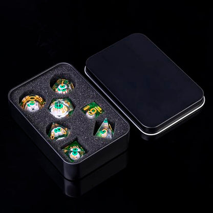 DND-Blood Eyes & Green,DND Dice Set Handmade 7 Accessories Sharp Edge Dice for Dungeons and Dragons TTRPG Games, Multi-Sided RPG Polyhedral Resin Sharp Edge Dice Roleplaying Games