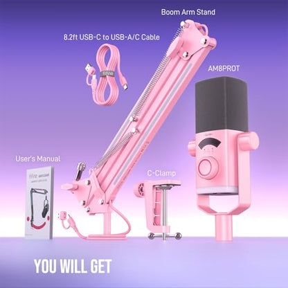 FIFINE XLR/USB Gaming Microphone Kit with Boom Arm Stand, RGB Streaming Mic for Computer Compatible with PC/PS4/PS5, Podcast Mic Set with Headphone Jack, Volume Knob, Mute-AmpliGame AM8PROT Pink - color: Pink