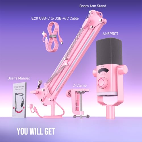 FIFINE AM8PROTP XLR/USB Gaming Microphone Kit, Dynamic RGB Streaming Mic | Podcast Mic Set with Boom Arm Stand, Compatible with PC/PS4/PS5/Mixer, with Headphone Jack, Volume Knob, Mute, Pink - color: Pink