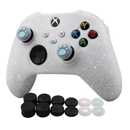 RALAN Glitter Controller Skin for Xbox Series, Anti-Slip Silicone Controller Cover Protector Case Compatible for Xbox Series Gamepad Joystick with 4 Cat Caps and Black Pro Thumb Grip x 8. - color: White