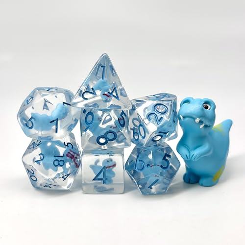 Sage's Portal Animal Familiars Resin DND Dice Set Polyhedral Dice Set for Dungeons and Dragons RPG Pathfinder Tabletop TTRPG (Blue T-Rex + Figurine) - color: Blue T-rex + Mini Figure, style: Dice Set +Mini Figure
