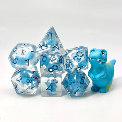Sage's Portal Animal Familiars Resin DND Dice Set Polyhedral Dice Set for Dungeons and Dragons RPG Pathfinder Tabletop TTRPG (Blue T-Rex + Figurine) - color: Blue T-rex + Mini Figure, style: Dice Set +Mini Figure