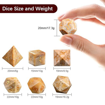 Natura Chrysanthemum Stone Dice Set, 7-Piece Handcrafted Polyhedral Dice with Gold Engraving, Ideal for D&D, RPG, MTG & Tabletop Games, Gift Box Included (Chrysanthemum Stone) - color: Chrysanthemum Stone