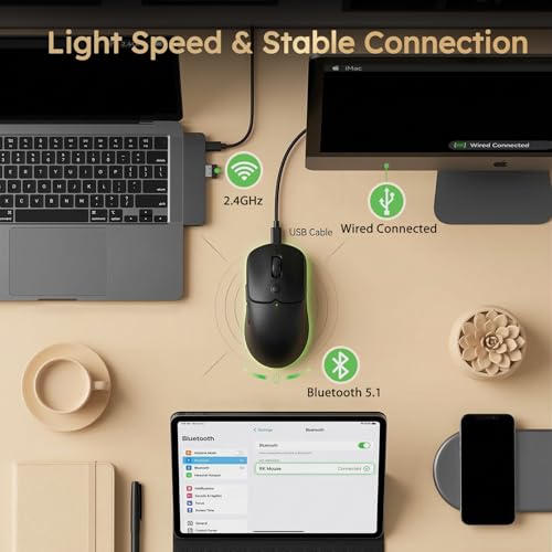 RK ROYAL KLUDGE MO1 Wireless Mouse, 55g Ultra-Lightweight Computer Mice, 6 Programmable Buttons, Quiet Click, 2.4GHz/Bluetooth/Wired, 6000 DPI Optical Sensor, Black - color: Black