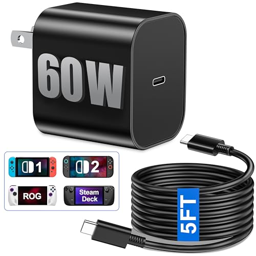 Switch 2 Charger - 60W GaN AC Power Adapter for Nintendo Switch/OLED/Lite & Steam Deck/OLED, USB-C Cable, Original Quality, Supports 4K TV Mode, PD3.0 Fast Charger for PS4 Adapter, Galaxy - size: 5FT/1.5M