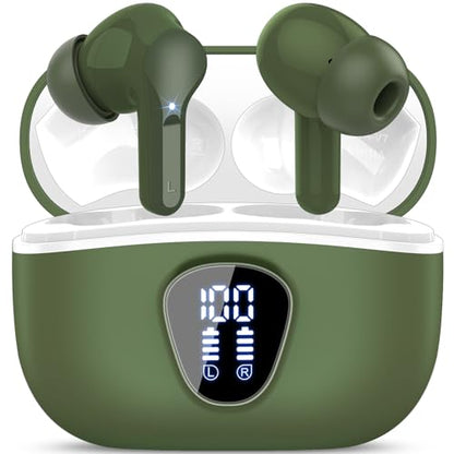 Wireless Earbuds, Bluetooth 5.4 Headphones HiFi Stereo, Bluetooth Earbuds with ENC Noise Cancelling Mic, IP7 Waterproof in Ear Earphones, 48H, LED Display Ear buds for Pad Workout Sports, Retro Green - color: Retro Green