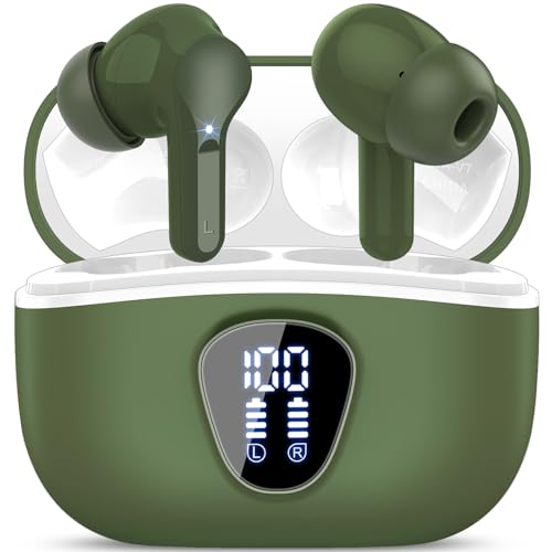 Wireless Earbuds, Bluetooth 5.4 Headphones HiFi Stereo, Bluetooth Earbuds with ENC Noise Cancelling Mic, IP7 Waterproof in Ear Earphones, 48H, LED Display Ear buds for Pad Workout Sports, Retro Green - color: Retro Green