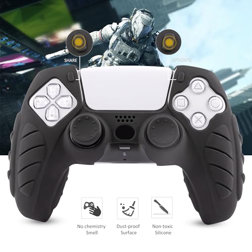Ergonomic Soft Grip Skin Compatible PS5 Controller Cover, Anti-Slip Silicone with 6 Thumb Grips Accessories Set for PlayStation 5 (Midnight Black) - color: Black