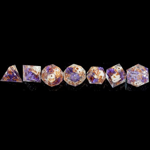 FugaCity Dice Set,Handmade Sharp Edge 7 Piece Resin Dice-Dungeon&Dragons Polyhedral Dice Set, D&D Dice Set with Gift Dice Case for RPG MTG Table Games - color: D-purple Flower & Skelet