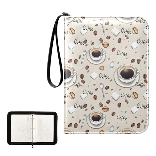 Trading Card Binder 4 Pocket Coffee Beans Coffee Cups Card Albums with 50 Removable Sleeves Fits 400 Game Cards Holder PU Zipper Collection Case