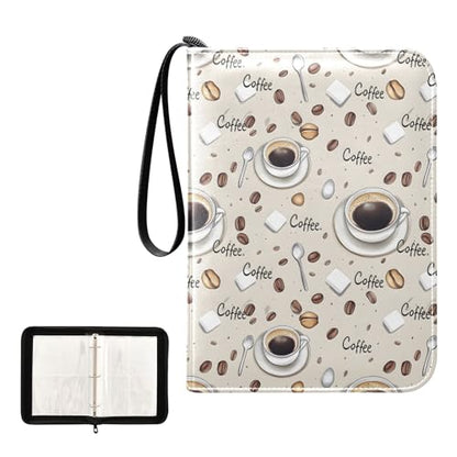 Trading Card Binder 4 Pocket Coffee Beans Coffee Cups Card Albums with 50 Removable Sleeves Fits 400 Game Cards Holder PU Zipper Collection Case