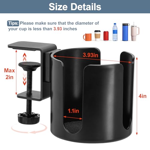 Large Clamp On Cup Holder for Desk, 3.9" Diameter Anti-Spill Drink Holder | Easy Install Clip On Table & Chair Armrest, Desk Accessories for Office, Gaming, Coffee Mugs & Bottles - size: 3.9 Inch, no Hook