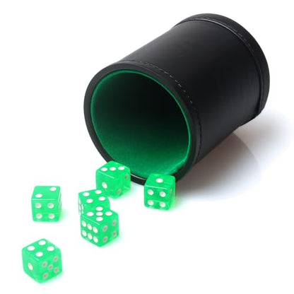 Faux Leather Dice Cup Set, Soft Velvet Interior Dice Cup Shaker Quiet with 6 Green Translucent Dice for Liars Dice/Farkle/Yahtzee Games, 1 Pack - color: Green#b