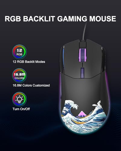 COSTOM Womier USB Wired Gaming Mouse for PC Computer Windows Mac Laptop, Lightweight Silent RGB Backlit Mouse with Adjustable 12000DPI/7 Programmable Side Buttons,Black Kanagawa Theme-G705 V2 - color: black 2