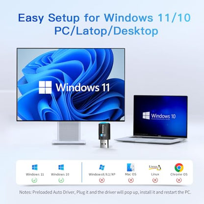 2-in-1 Wi-Fi 6 Bluetooth 5.4 USB Adapter for PC Laptop, AX900Mbps WiFi 2.4G/5GHz Wireless Network Dongle w/Built-in Driver for Windows 11 10 Desktop Headphones, Keyboard, Mouse, Controller - size: Mini Sized