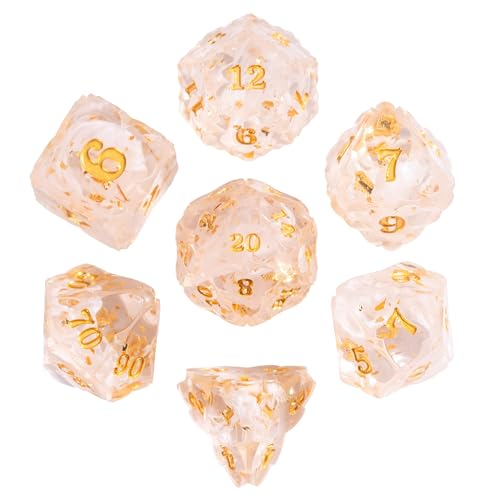 Cusdie Sharp Edge DND Dice, 7 PCS Shamrock DND Dice Set D&D D20 D12 D10 D8 D6 D4, Handcrafted Polyhedral Dice Set for RPG and Other Table Games(White with Gold Foil) - color: White With Gold Foil