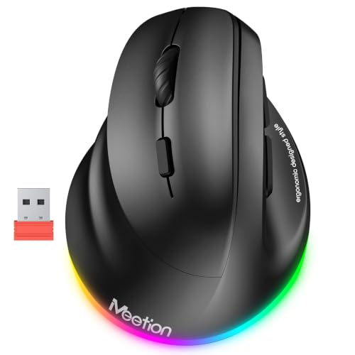 MEETION Left-Handed Wireless Ergonomic Vertical Mouse, Rechargeable - Black | Dual Bluetooth 5.2/3.0 + USB, RGB lighting, 4 adjustable DPI, compatible with Windows, Mac, PC, iPad and tablets - color: Left Black