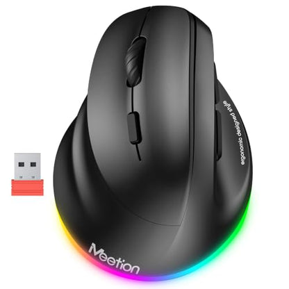 MEETION Left-Handed Wireless Ergonomic Vertical Mouse, Rechargeable - Black | Dual Bluetooth 5.2/3.0 + USB, RGB lighting, 4 adjustable DPI, compatible with Windows, Mac, PC, iPad and tablets - color: Left Black
