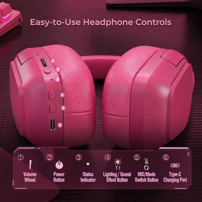 RK ROYAL KLUDGE HG101 V2 Wireless Gaming Headset, 2.4G/Bluetooth 6.0/3.5mm Wired Headphones, 7.1 Surround Sound, 40mm Drivers, Memory Foam Cushions, Works with Xbox, PS4/5, PC, Switch, Berry Red - color: Red