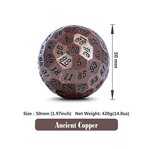 DNDND Ancient Copper Metal D100 Dice Single 100 Sided 50mm Polyhedral Dice with Metal Case and Velvet Pouch(Ancient Copper with Black Number) - color: Ancient Copper With Black Number