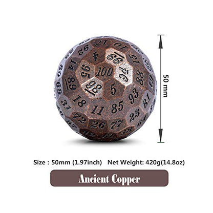 DNDND Ancient Copper Metal D100 Dice Single 100 Sided 50mm Polyhedral Dice with Metal Case and Velvet Pouch(Ancient Copper with Black Number) - color: Ancient Copper With Black Number