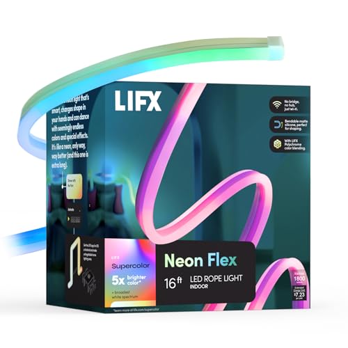 LIFX Supercolor Neon Flex Light Strip, 16ft Bendable RGBW LED Smart Neon, 60 Addressable Color Zones with Polychrome, Wi-Fi No Hub Required, Compatible with Alexa, Google, Apple HomeKit, LFXNEON16 | Matter Certified, Apple Homekit, WiFi 2.4GHz, Polychrome