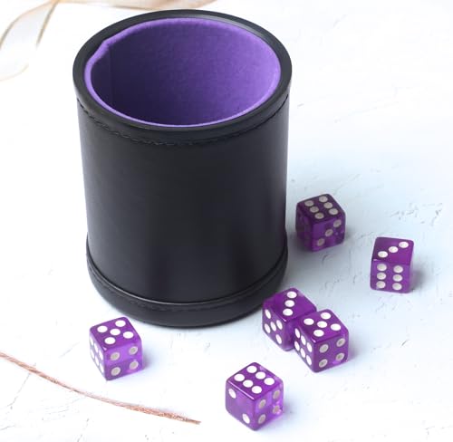 PU Leather Dice Cup Set, Purple Velvet Interior Dice Cup Shaker Quiet with 6 Purple Translucent Dice for Liars Dice/Farkle/Yahtzee Games, 1 Pack - color: Purple B