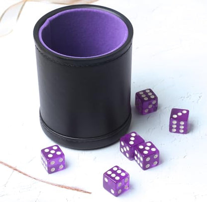 PU Leather Dice Cup Set, Purple Velvet Interior Dice Cup Shaker Quiet with 6 Purple Translucent Dice for Liars Dice/Farkle/Yahtzee Games, 1 Pack - color: Purple B