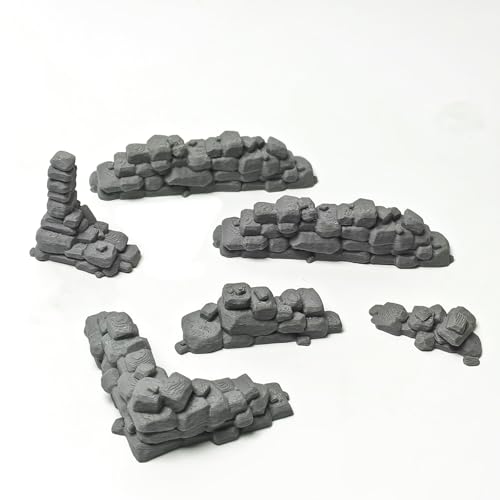 3D Printed Stone Wall Ruins, 28mm Tabletop Wargame Terrain (Grey) | Modular ruin terrain, fits 28-32mm wargames. Miniature diorama & model building accessory, universal for tabletop RPGs.