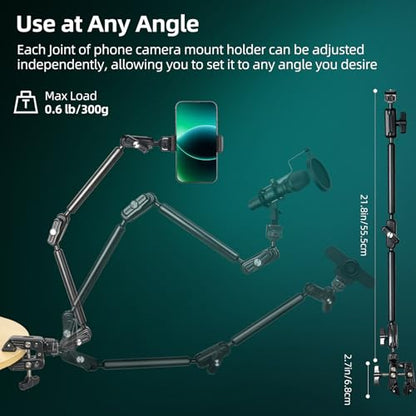22" Magic Arm Clamp, Overhead Phone Mount Holder Stand, Flexible Desk Camera Mount, Articulating Friction Boom Arm with 1/4" 3/8" Threads for Phone, DSLR, Action Camera,Filming, Light, Webcam, Mic - size: MH05
