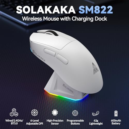 SOLAKAKA SM822 Wireless Gaming Mouse with Charging Dock, Tri-Mode Wireless Mouse, PAW3311 Optical Sensor, Up to 24,000DPI, 62g Lightweight Mouse with 5 programmable Buttons, for PC, Laptop (White) - color: White