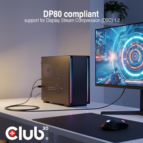 Club 3D USB C to DisplayPort 2.1 Cable 8K - 240Hz 4K - 720Hz HDR | VESA DP80 Certified 80Gbps Bi-Directional USB-C to DP Cable, Thunderbolt 4/3 Compatible, 3.3ft/1m for MacBook Pro, Dell, HP CAC-1559
