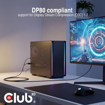 Club 3D USB C to DisplayPort 2.1 Cable 8K - 240Hz 4K - 720Hz HDR | VESA DP80 Certified 80Gbps Bi-Directional USB-C to DP Cable, Thunderbolt 4/3 Compatible, 3.3ft/1m for MacBook Pro, Dell, HP CAC-1559