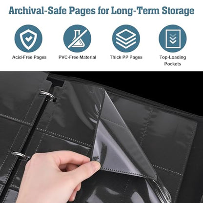 Trading Card Binder, 3-Ring Zippered for Standard 2.5"x3.5" TCG and Sports Cards, 9-Pocket Double-Sided Pages, 50 Sheets/900 Pockets, Acid-Free PVC-Free, PU Cover, Wrist Strap - Lake Art Design - color: Lake Dragon Teal