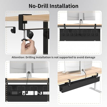 No Drill Under Desk Cable Management Tray, 47.5” Fabric Clamp Mount Cord Organizer for Table, Heavy Duty Wire Management for Office Home, Black - size: 48 inch
