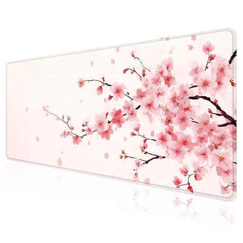 Cherry Blossom Desk Mat, Large Pink Sakura Mouse Pad with Stitched Edges, Non-Slip Rubber Base, 31.5 x 11.8 Inch - color: Pink Cherry Blossom