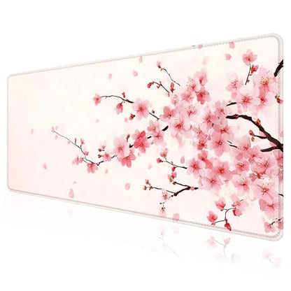 Cherry Blossom Desk Mat, Large Pink Sakura Mouse Pad with Stitched Edges, Non-Slip Rubber Base, 31.5 x 11.8 Inch - color: Pink Cherry Blossom