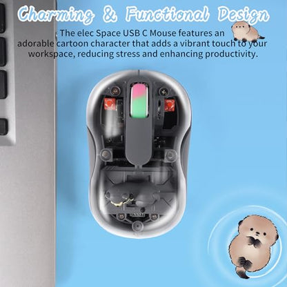 elec Space Cute Wireless USB C Mouse - Bluetooth Triple Mode Rechargeable Cartoon Mouse for Laptops, iPads & MacBook Air/Pro - Silent Operation, Portable Design, Unique Magnetic Character (Grey) - color: grey