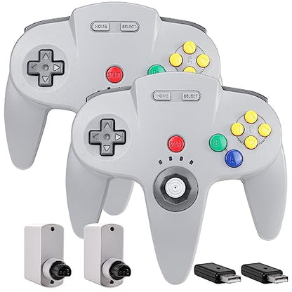 2 Pack Wireless N64 Controller Made for Switch 1 & 2, N64 Console, Gray | (Built-in Vibration) (Rechargeable) (3D Analog Stick), 2.4 GHz USB & N64 Receiver Made for Switch Online, Windows PC, macOS - color: Gray