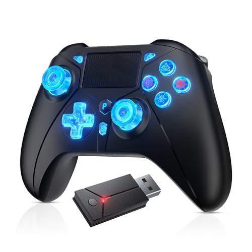 Dinosoo RGB Wireless Controller with LED Light & Remap Back Buttons, Adjustable Turbo, 2.4G Adapter for PS5, PC - color: Blue