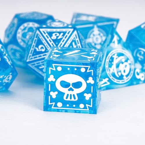 Cusdie 7-Piece Sharp Edges DND Dice Set with Pirate Design - Perfect for Tabletop RPGs Board Games Gifting and Collecting(Blue w/White Pirate Pattern) - color: Blue W/White Pirate Pattern